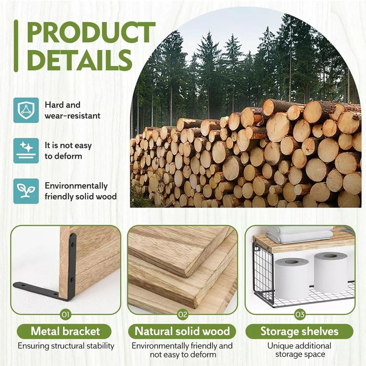 KUANGYE - Repisas Flotantes De Madera Modernas X3 Con Reja 100% Pino