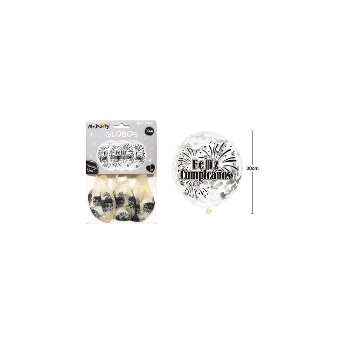 GENERICO - Globos De Látex Confeti Plateado Feliz Cumpleaños 30cm 3pcs