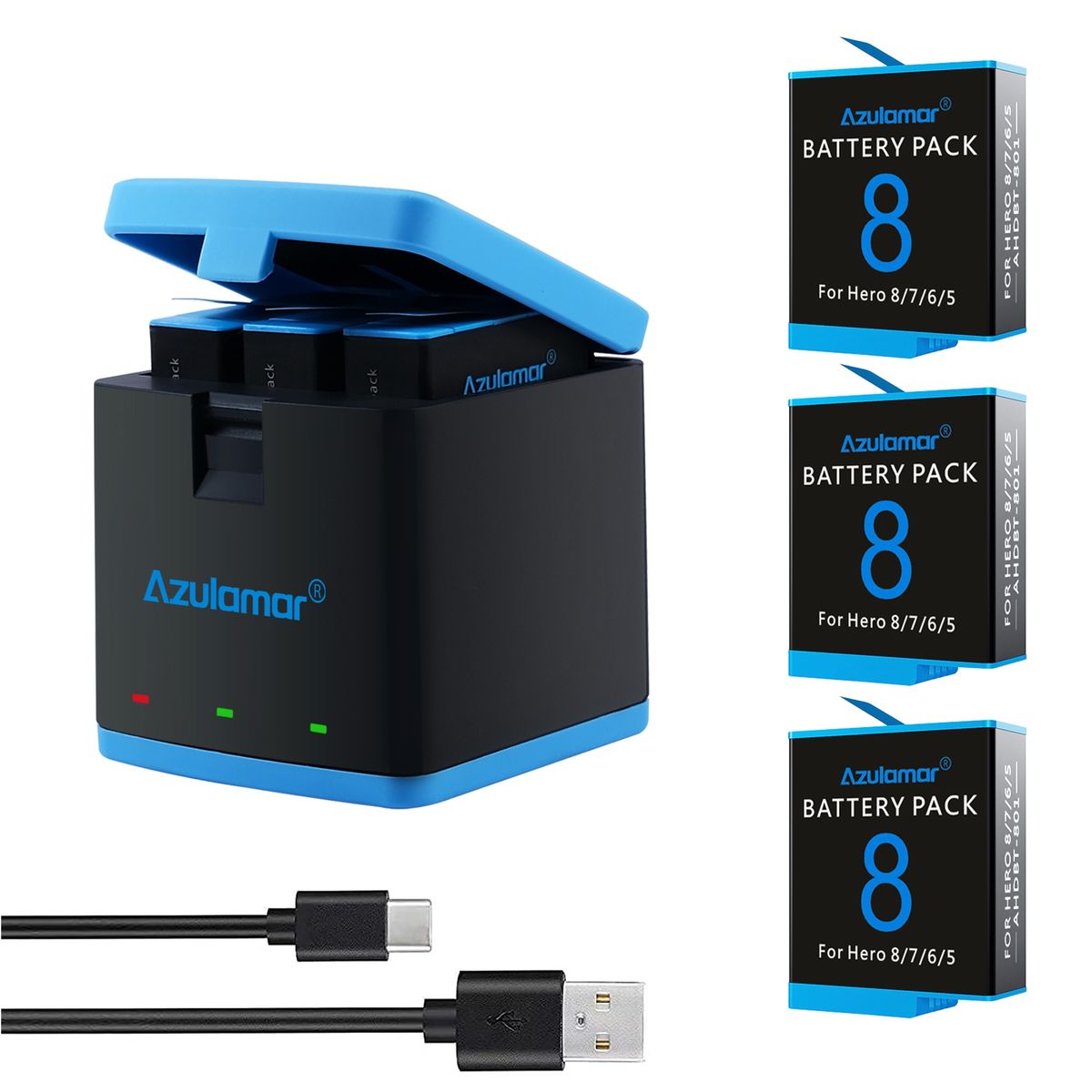 AZULAMAR - 3x Baterías Y Cargador Kit Para Gopro Hero 8 7 6 5