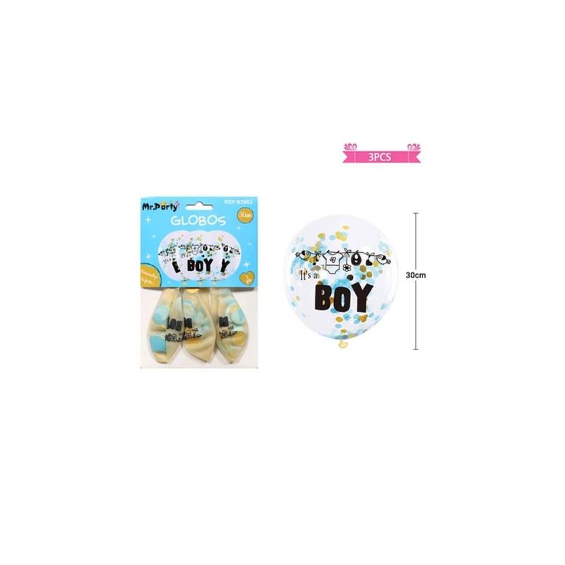 GENERICO - Globos De Látex Confeti Dorado Azul Baby Shower 30cm 3pcs