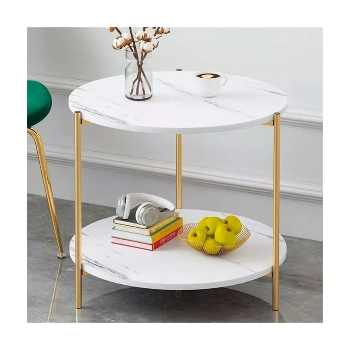 GENERICO - Mesa Auxiliar Moderna Marmoleado Decoracion Redondo Blanco