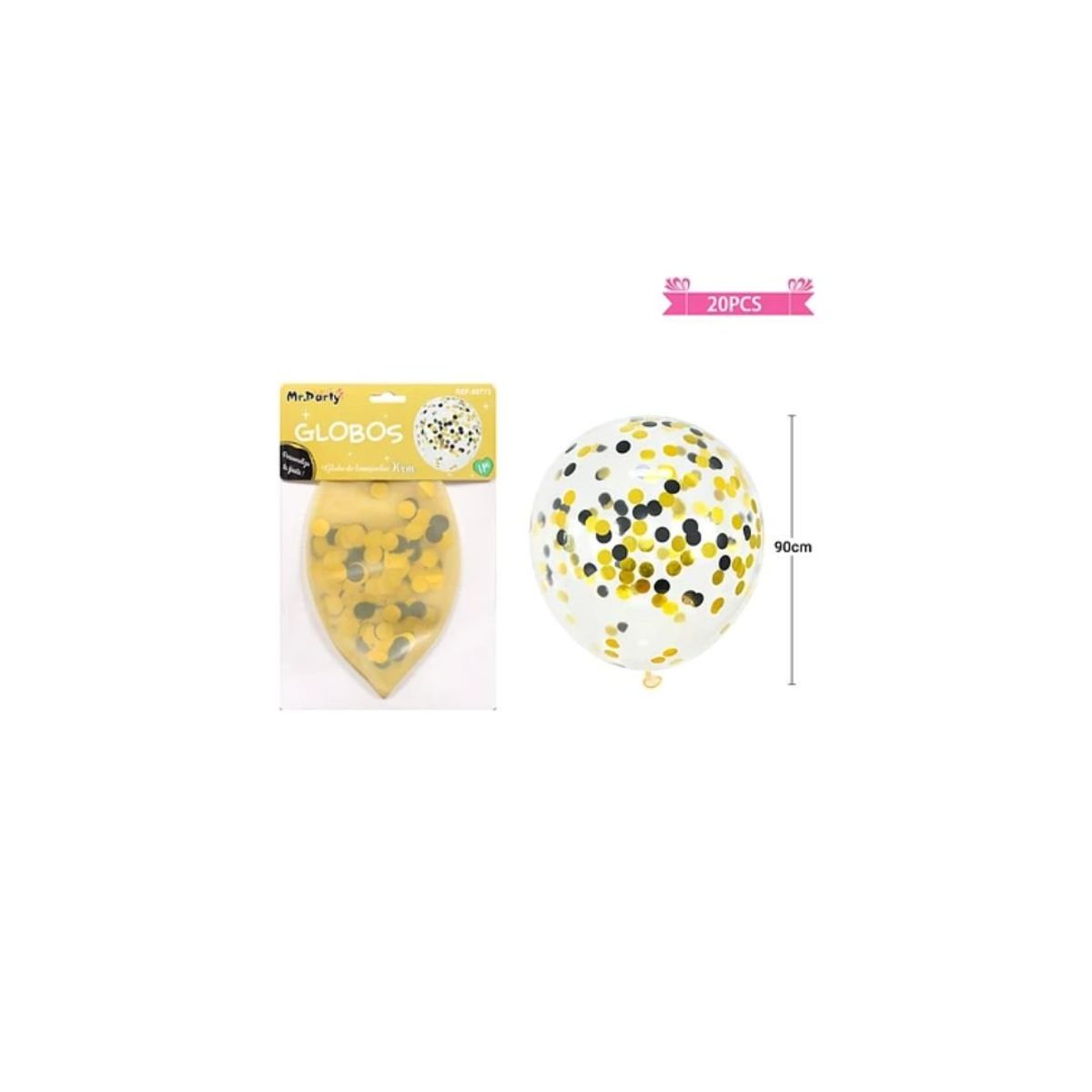 GENERICO - Globos De Látex Con Confetti Redondo Dorado y Negro 90cm
