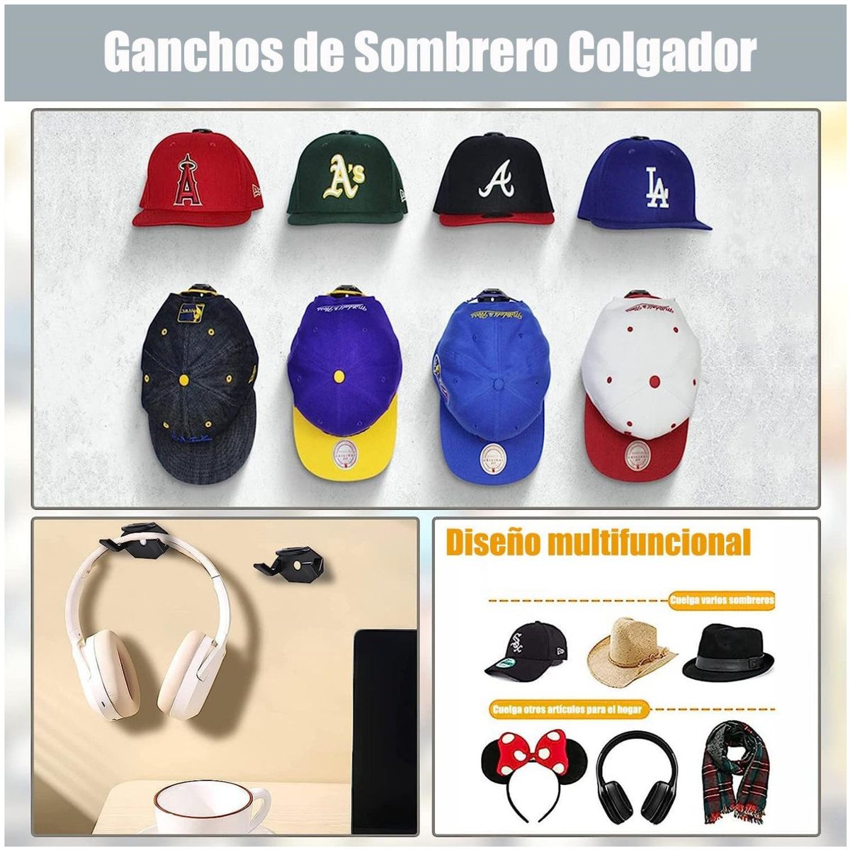 KUANGYE - 8 Gancho Organizador De Gorras Para Pared Percheros Porta