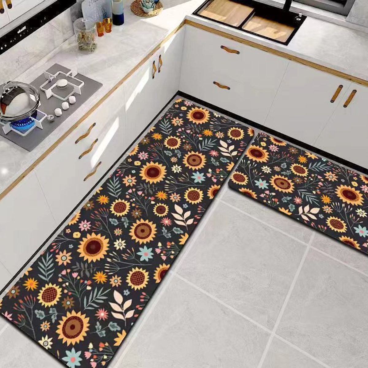GENERICO - ALFOMBRA DE COCINA 2 PIEZAS DISEÑO GIRASOLES TENG FEI
