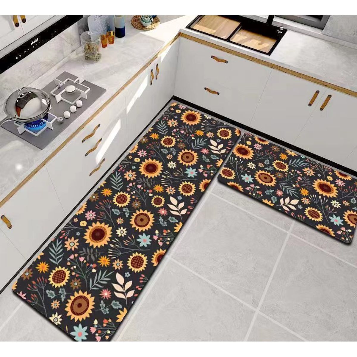 GENERICO - ALFOMBRA DE COCINA 2 PIEZAS DISEÑO GIRASOLES TENG FEI