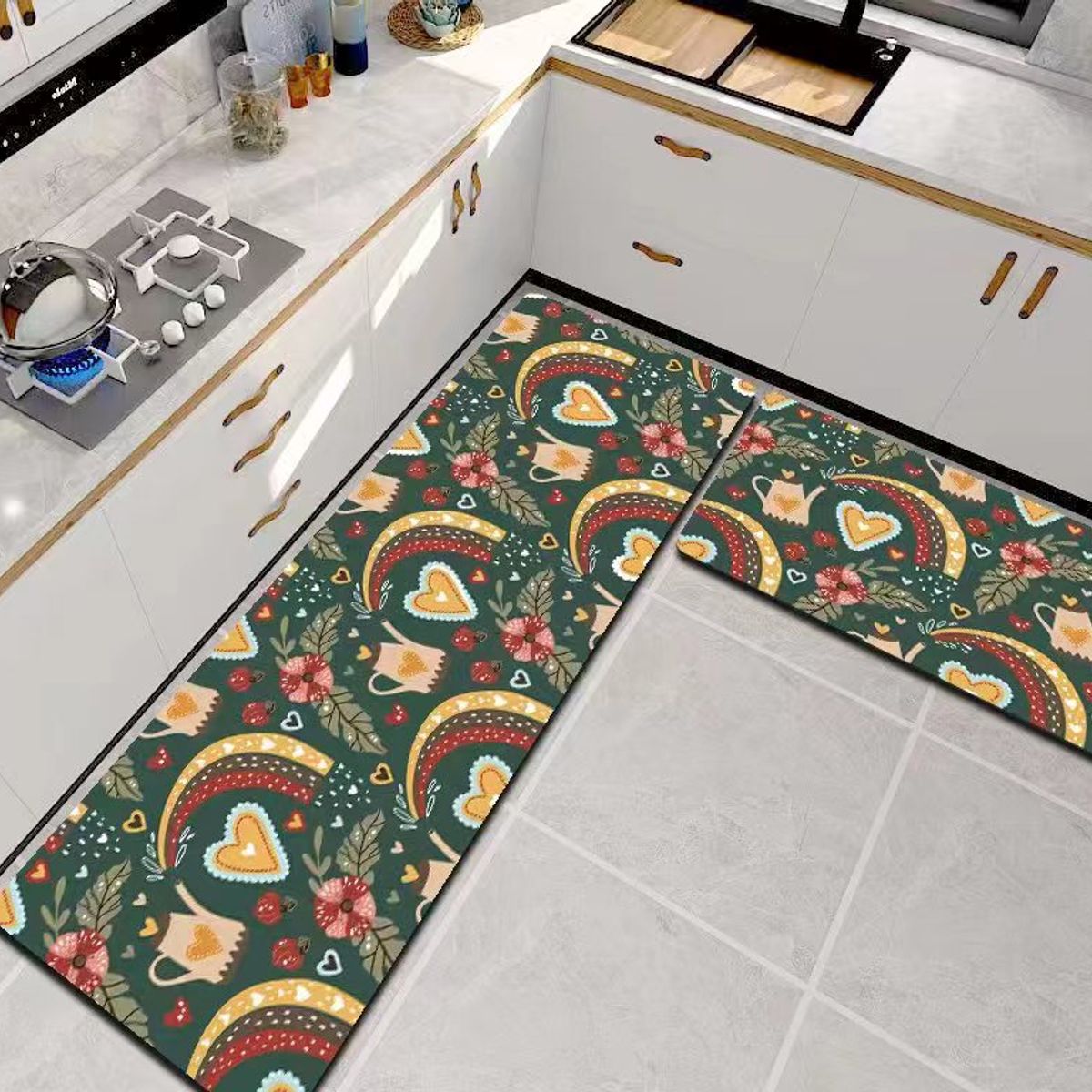 GENERICO - ALFOMBRA DE COCINA 2 PIEZAS DISEÑO CORAZON VERDE TENG FEI