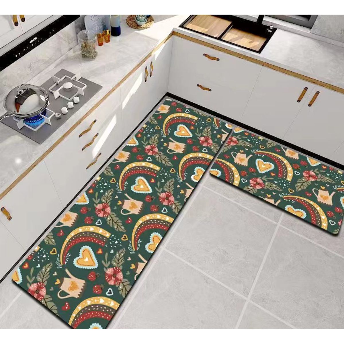 GENERICO - ALFOMBRA DE COCINA 2 PIEZAS DISEÑO CORAZON VERDE TENG FEI