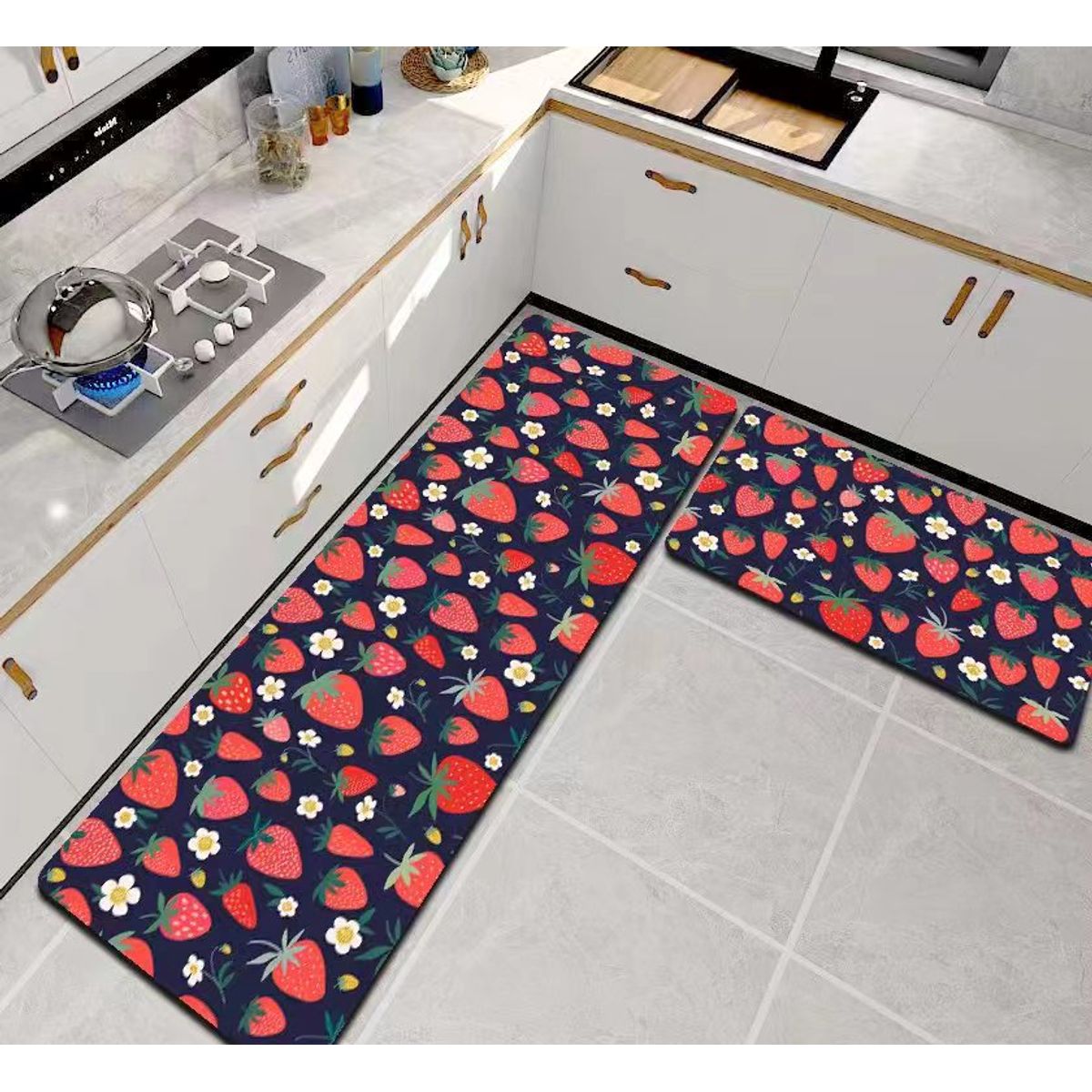 GENERICO - ALFOMBRA DE COCINA 2 PIEZAS DISEÑO FRESAS  TENG FEI