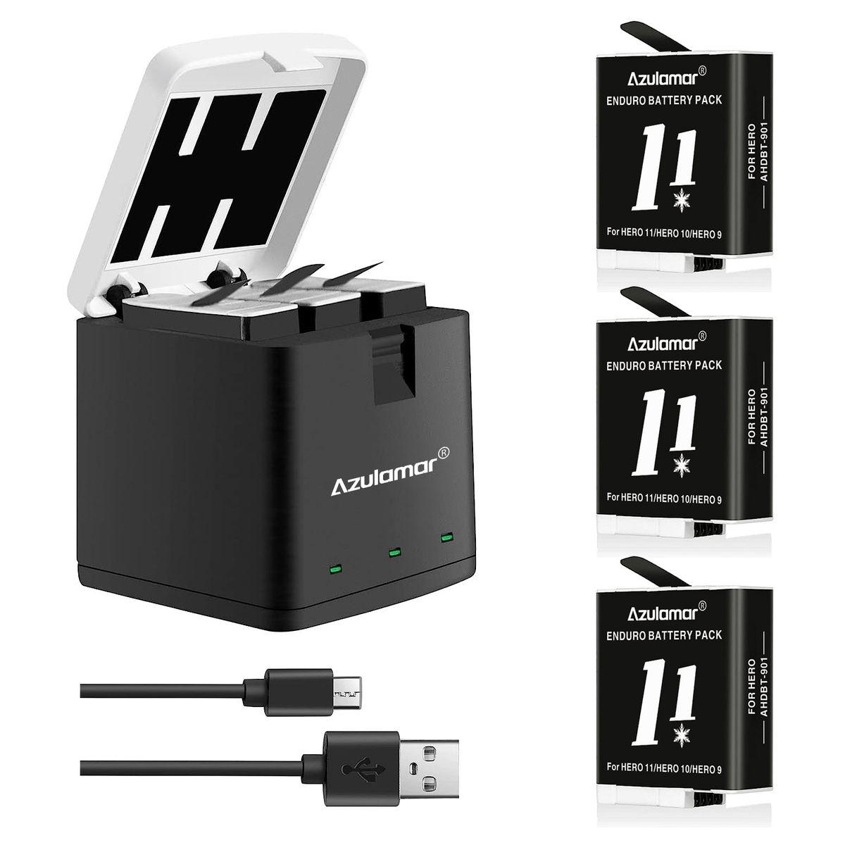 AZULAMAR - 3x Batería De Enduro + Cargador Kit Para Gopro Hero 12 11 10 9