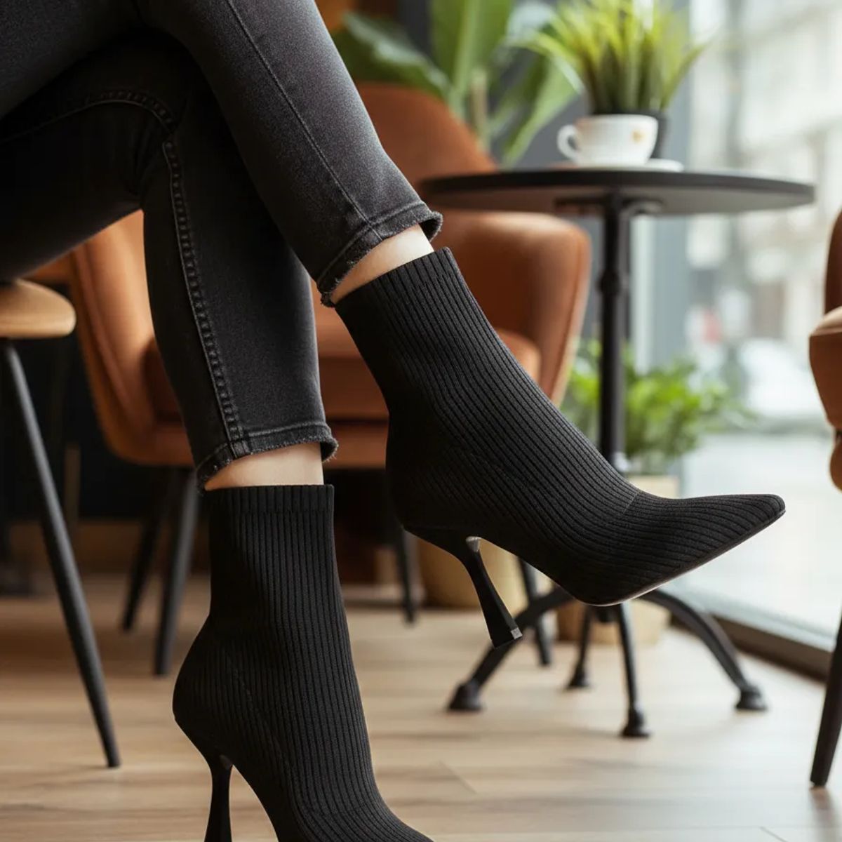 APOSTOL - Botin Mujer Negra Tacon Calcetín Taco Alto Aguja Punta Fina