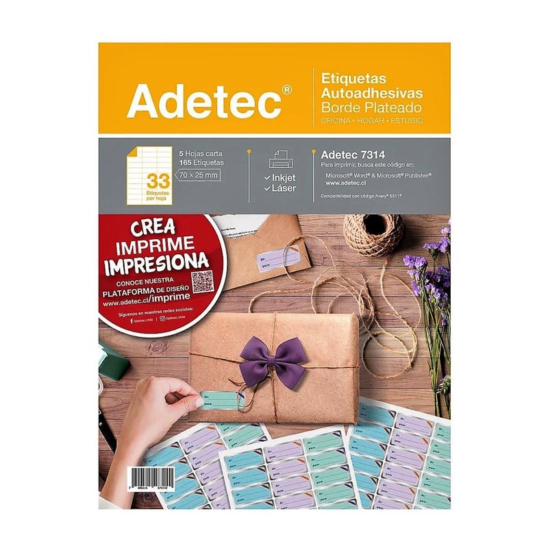 ADETEC - 165 Etiquetas Folia Plateada Inkjet/láser 70 X 25 mm