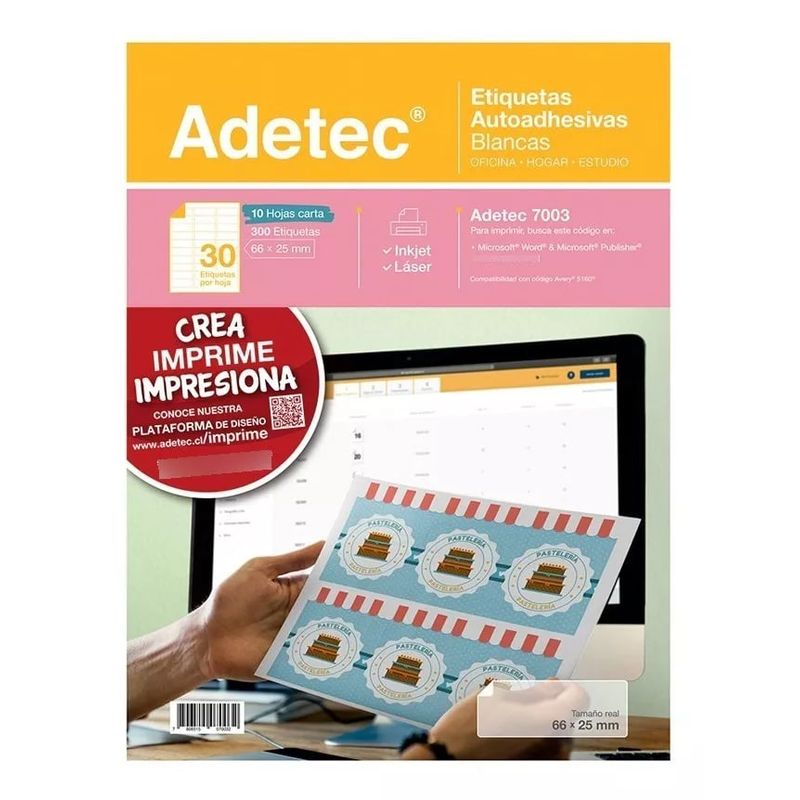 ADETEC - 300 Etiquetas Adhesivas Inkjet/laser 66x25 mm 10 Hojas