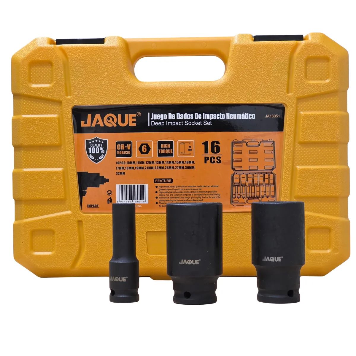 GENERICO - Juego De Dados De Impacto 1/2 Pulgada Largos Cromo Vanadio 16 Piezas