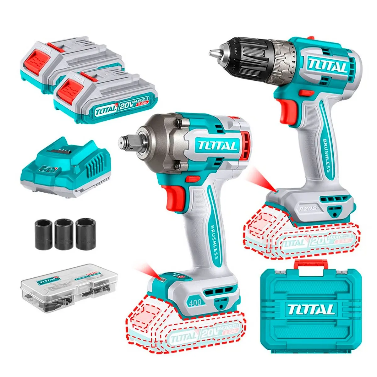 TOTAL TOOLS - Taladro Inal 10mm BL + Llave Impacto 1/2 400Nm + 2 Bat 2ah + Car Total