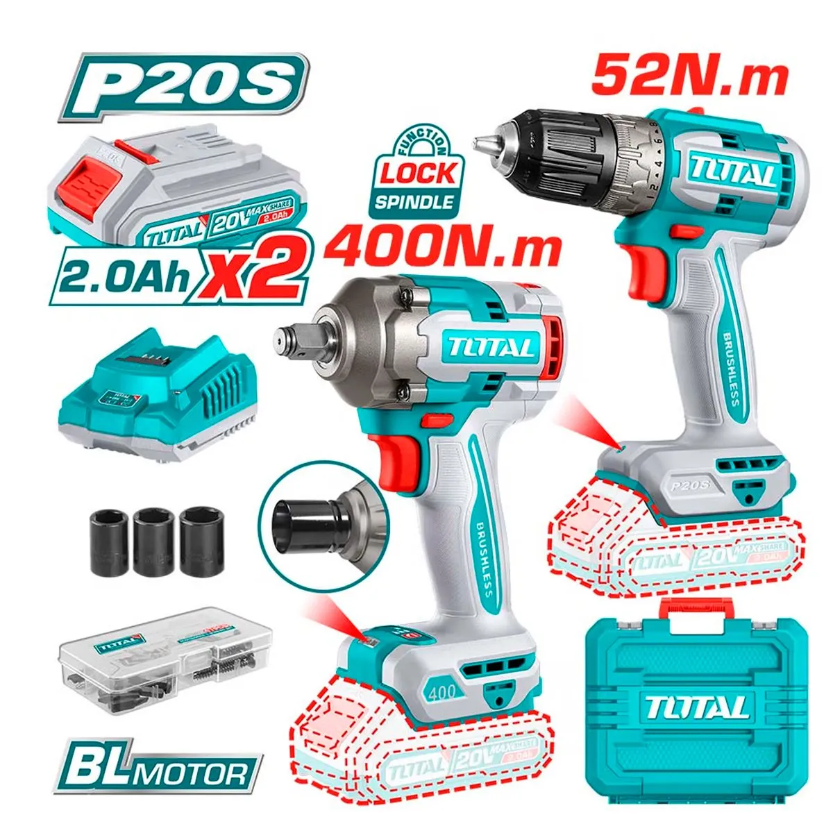 TOTAL TOOLS - Taladro Inal 10mm BL + Llave Impacto 1/2 400Nm + 2 Bat 2ah + Car Total