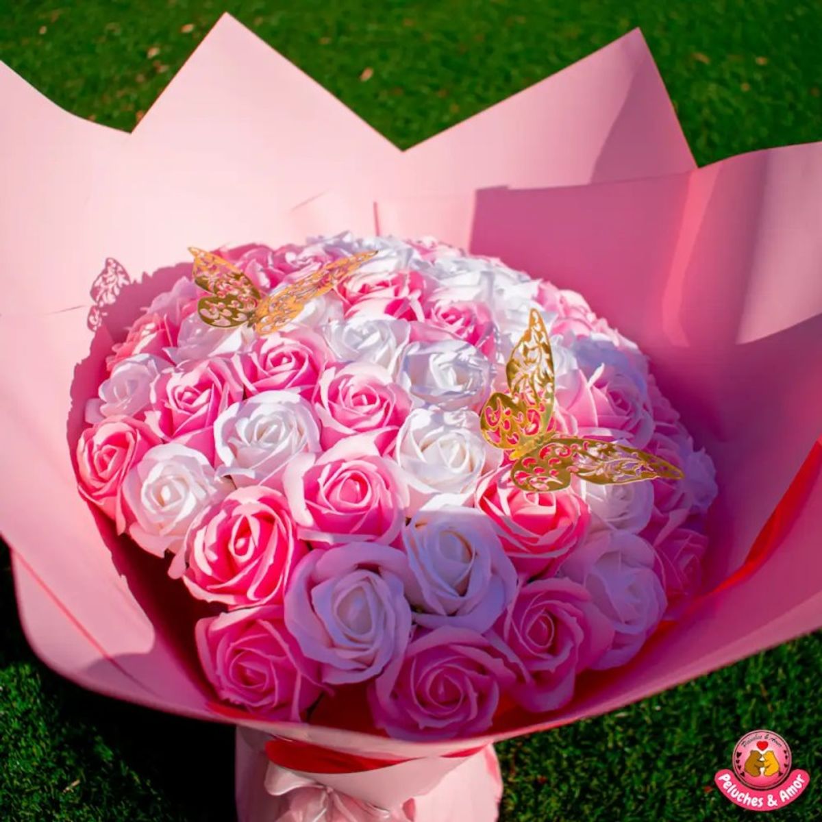 GENERICO - Ramo de 50 Rosas Eternas Palo Rosa Blanco y Rosa