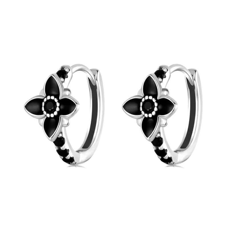 LA GARZA - Aros Plata Argolla Mujer Flor Negra Esmaltada