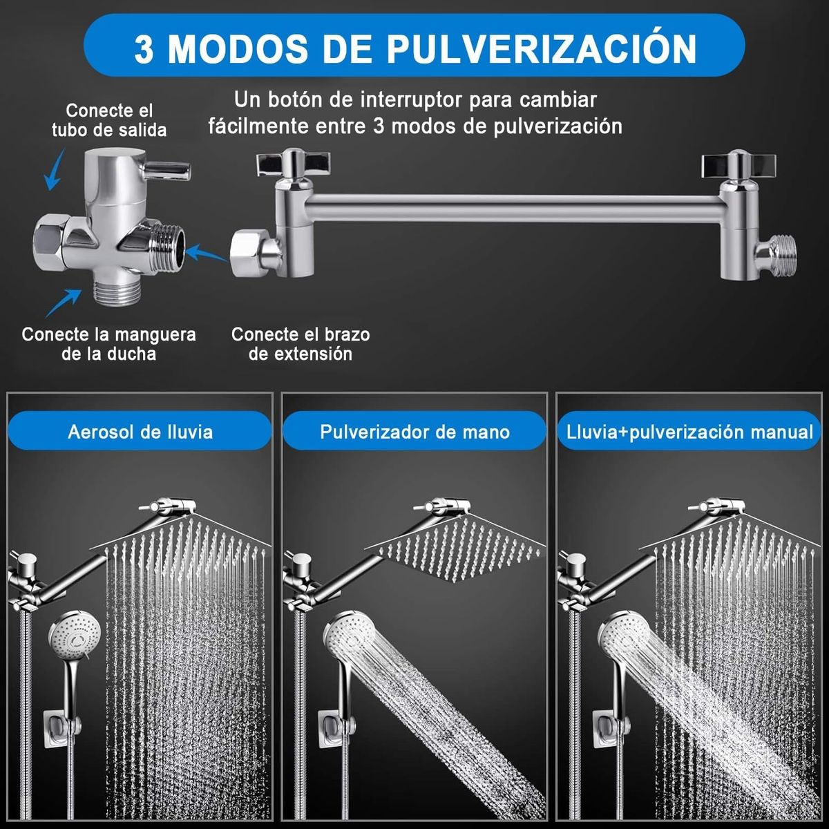 TNAKIEX - 10'' Regadera Cuadrada Alta Presión Tipo Lluvia 5 Modos Ajustable
