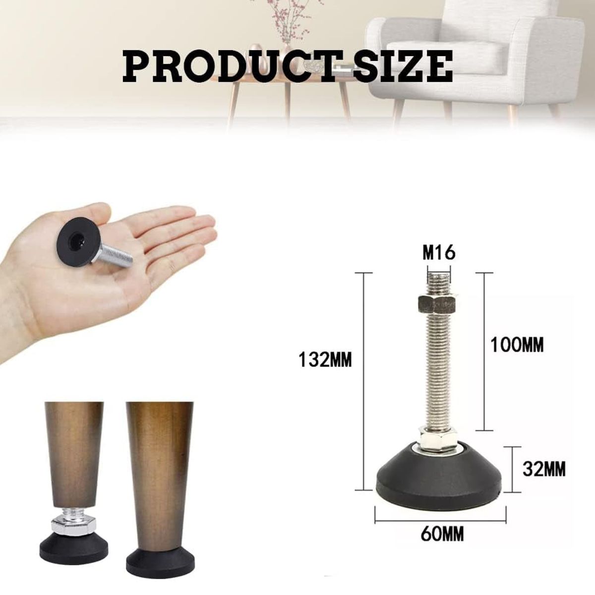 KUANGYE - Pies Niveladores Patas Regulables para Muebles M16 X 100mm