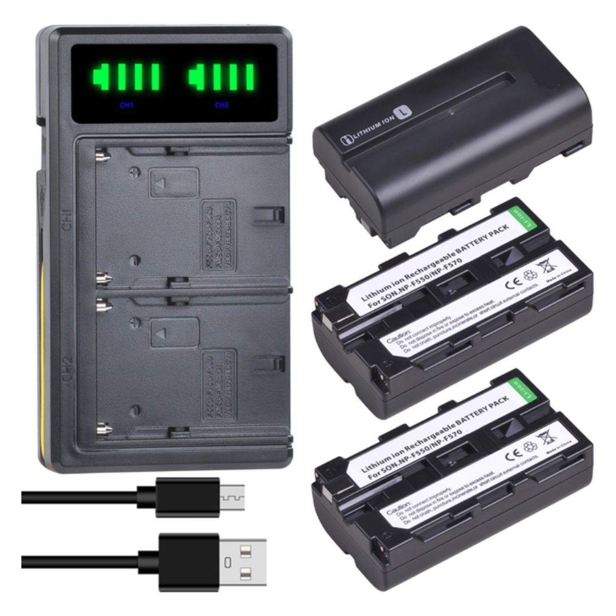 GENERICO - 3 BATERÍAS NP-F550 / NP-F570 + CARGADOR DOBLE BC-VM10 ALTERNATIVO SONY