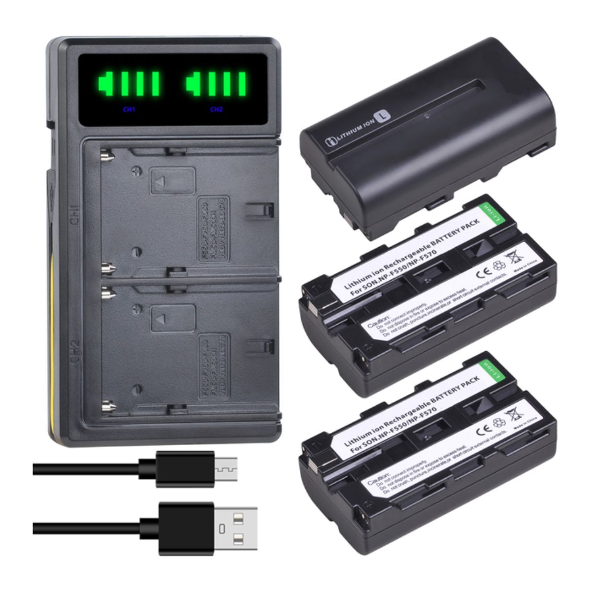 GENERICO - 3 BATERÍAS NP-F550 / NP-F570 + CARGADOR DOBLE BC-VM10 ALTERNATIVO SONY