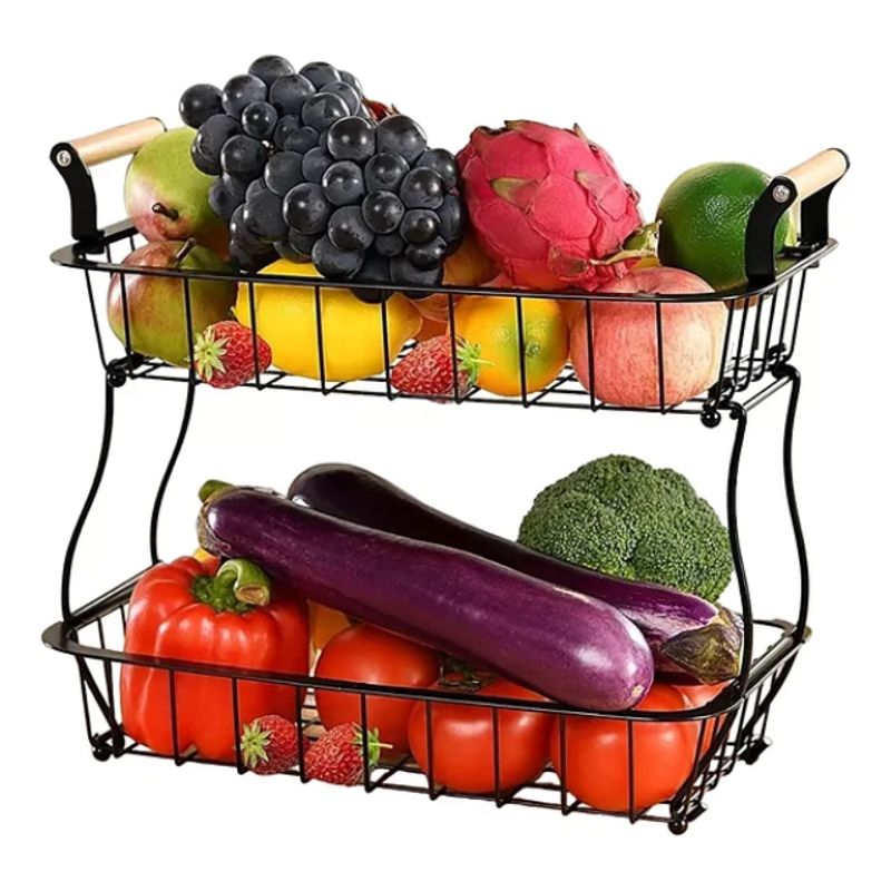 GENERICO - Cesta 2 Niveles Organiza Almacena Frutas Verduras Cocina Color Negro
