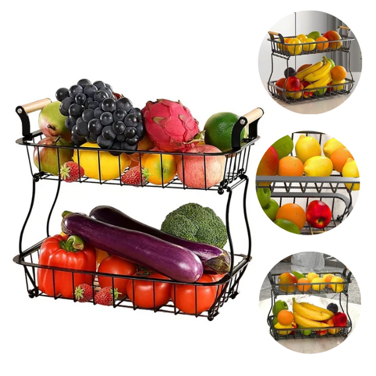 GENERICO - Cesta 2 Niveles Organiza Almacena Frutas Verduras Cocina Color Negro