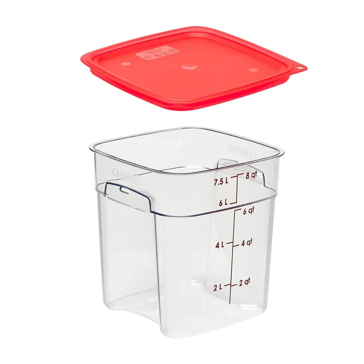 CAMBRO - RECIPIENTE GRADUADO CUADRADO POLICARBONATO 8 LTS CON TAPA ROJA