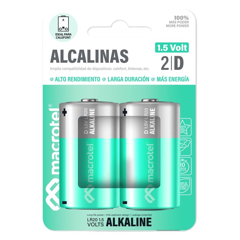 MACROTEL - Pack 2 Pilas Alcalina D 1.5v Macrotel