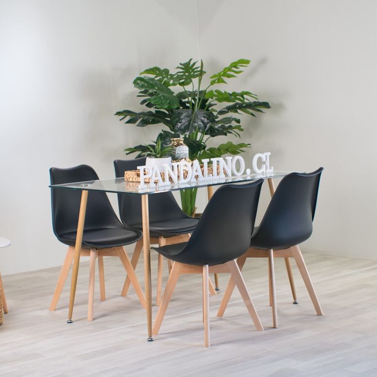 Comedor Minimalista - Mesa Vidrio 120x80 + 4 Sillas Tulip Negras Negro COMVIDRIO1304SILLASTULI