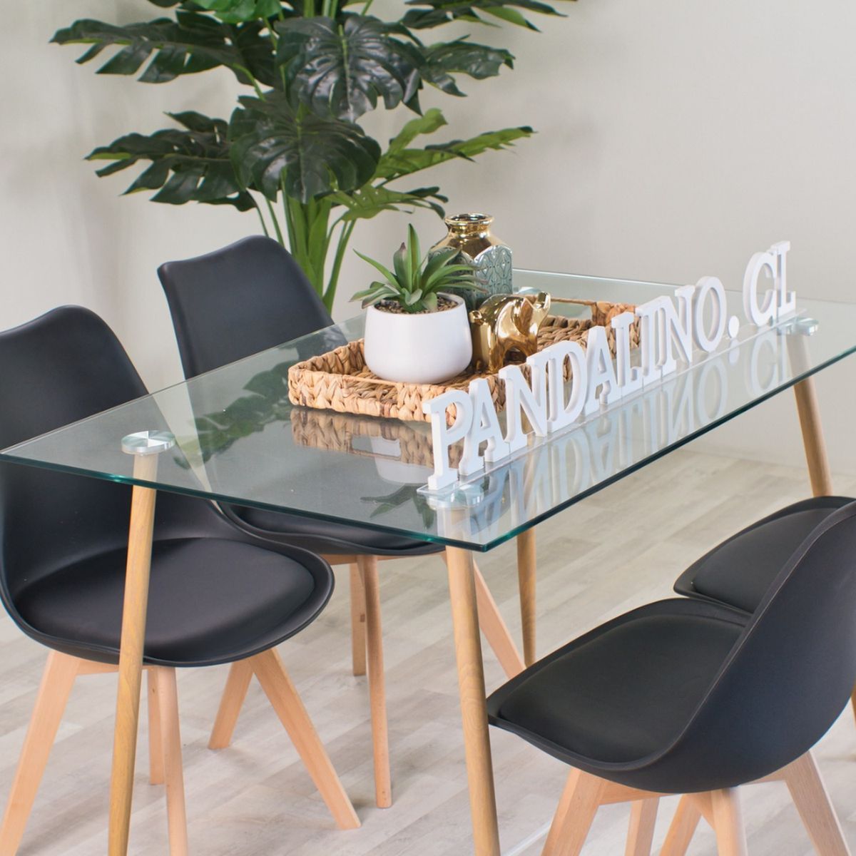 PANDALINO - Comedor Minimalista - Mesa Vidrio 120x80 + 4 Sillas Tulip Negras