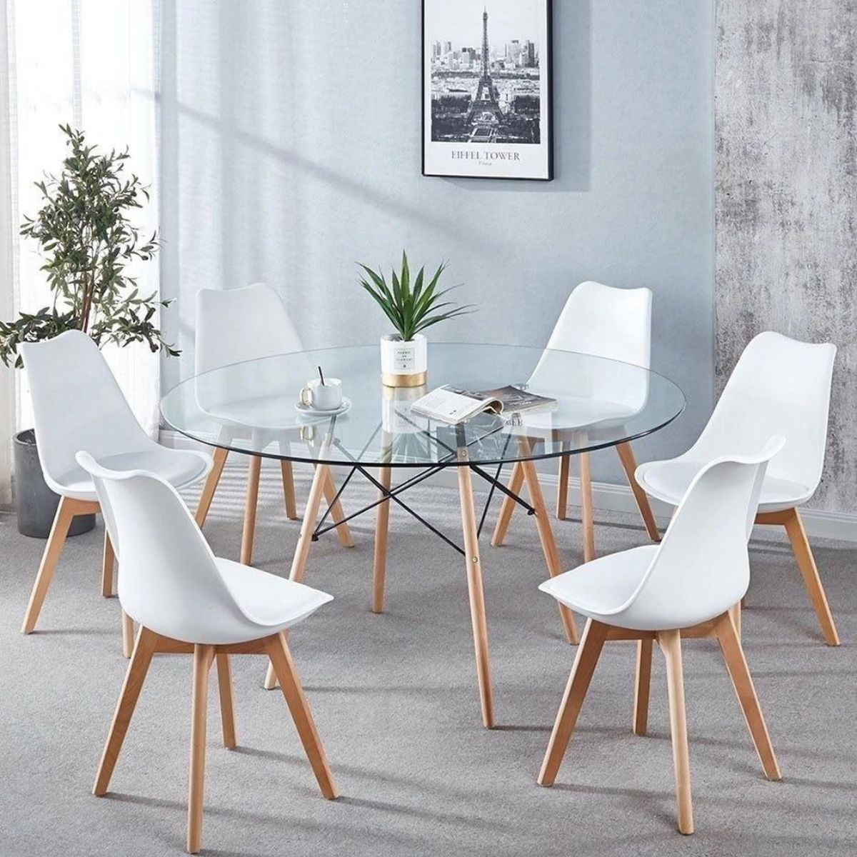 PANDALINO - Comedor Mesa Redonda Elida 120cm + 6 Sillas Tulip blanca