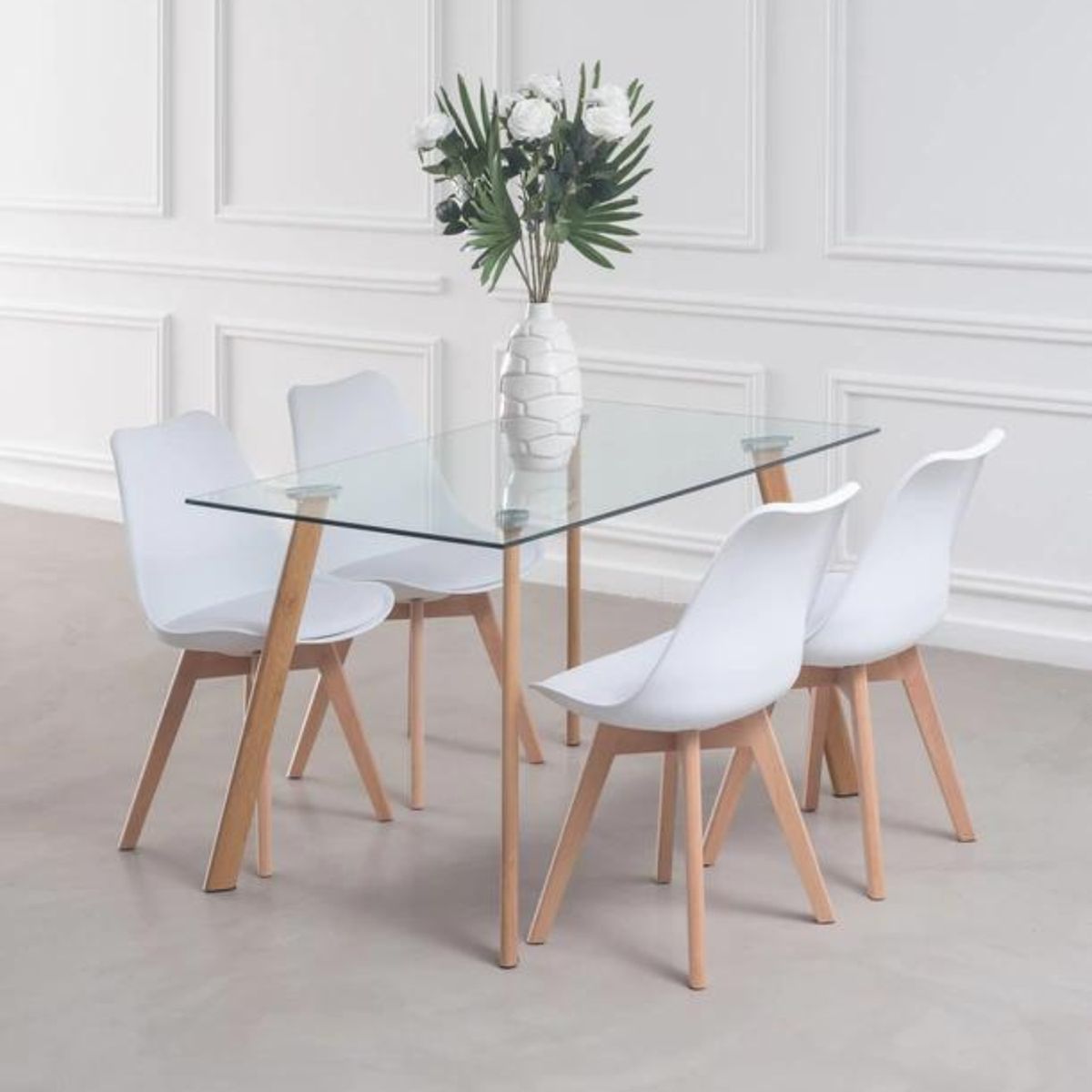 PANDALINO - Comedor Mesa Ferra + 4 Sillas Tulip Blanca - Estilo Nórdico y Elegante