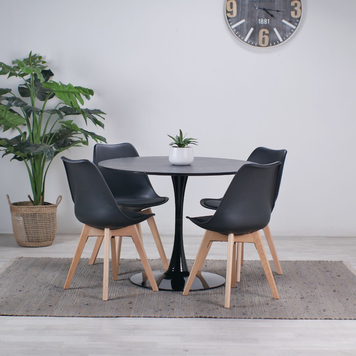 PANDALINO - Comedor Mesa Tulip Redonda 100cm Negra + 4 Sillas Tulip Negras