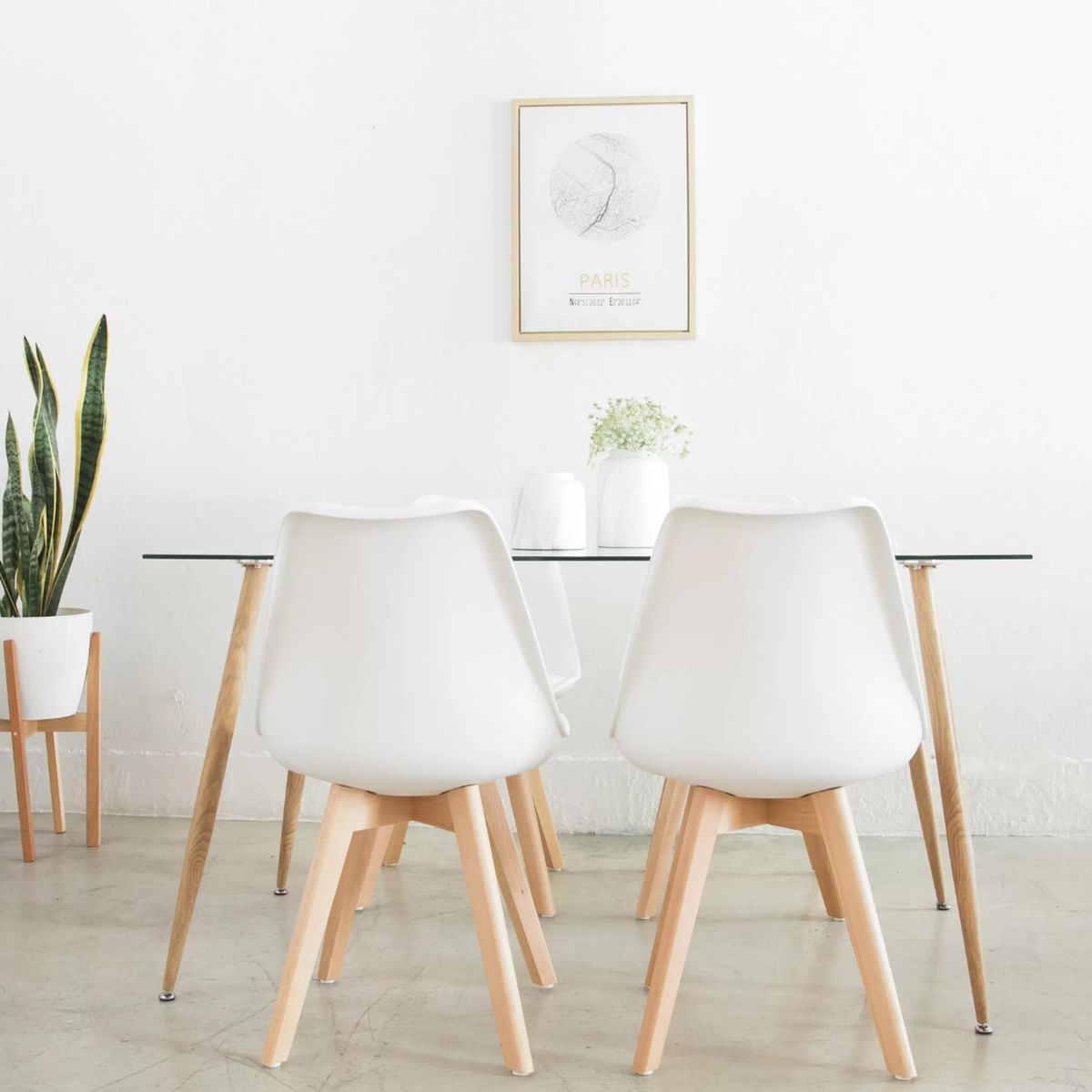 PANDALINO - Comedor Minimalista - Mesa Vitreo 120x80 + 4 Sillas Tulip Blancas