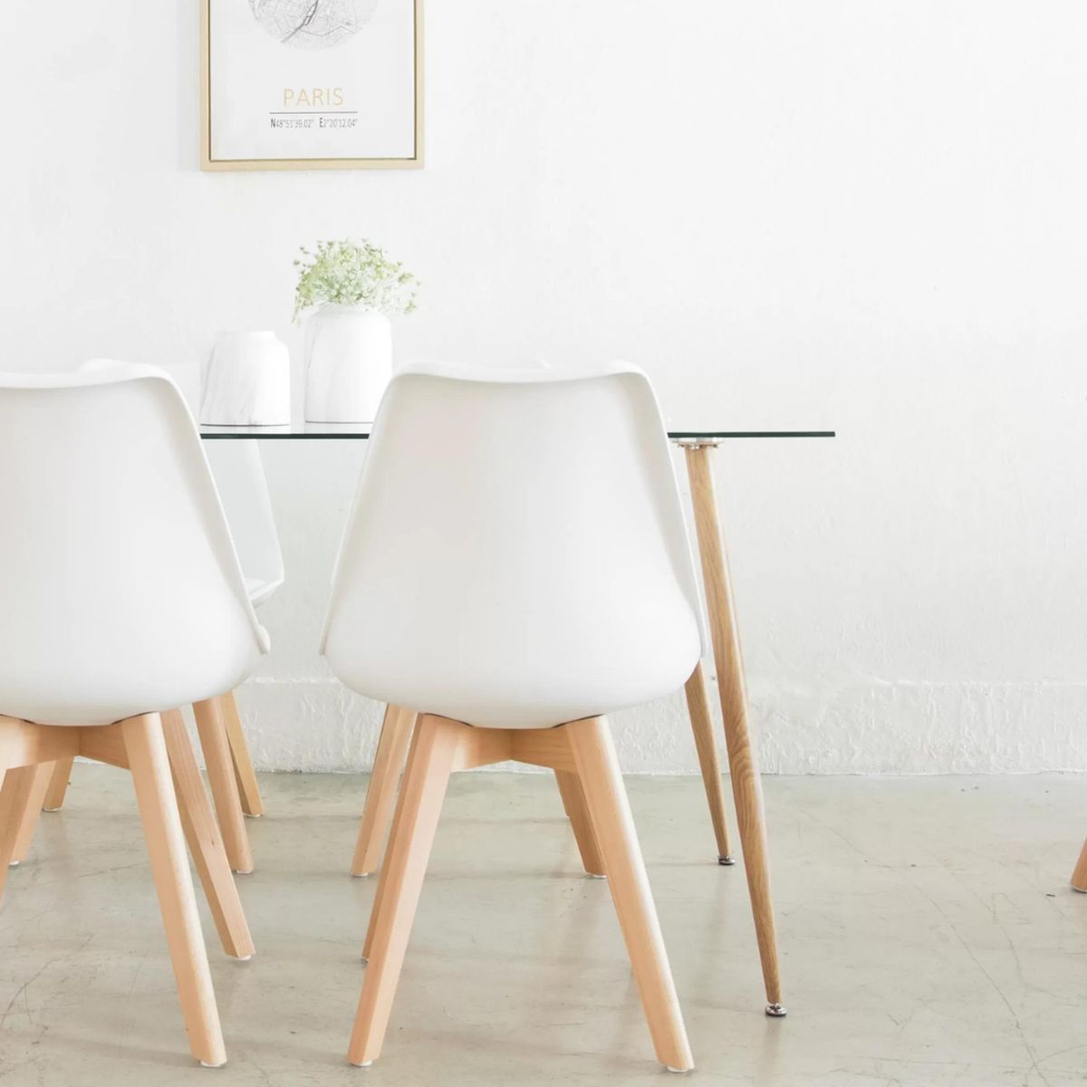 PANDALINO - Comedor Minimalista - Mesa Vitreo 120x80 + 4 Sillas Tulip Blancas