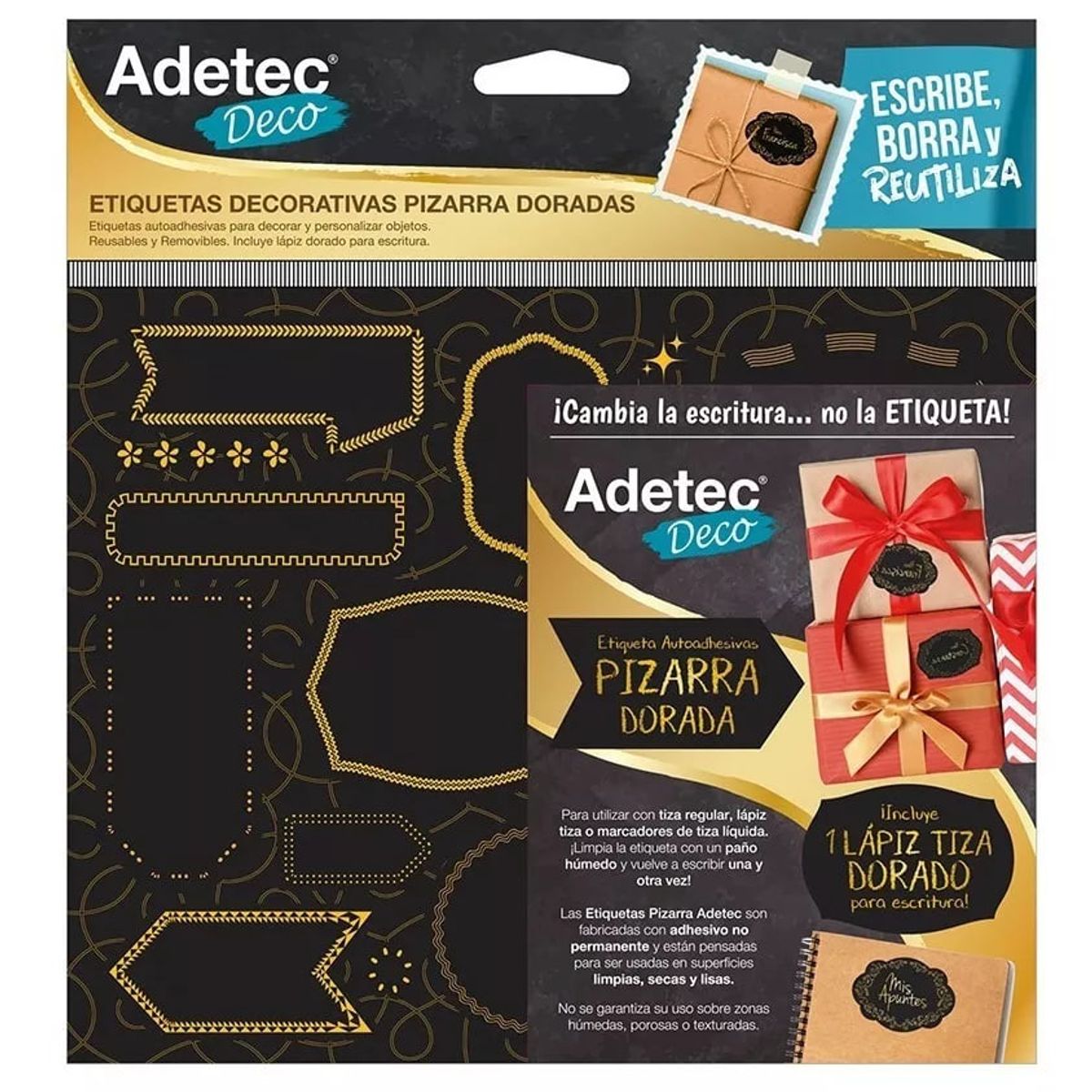 ADETEC - Etiquetas Decorativas Negra Con Borde Dorado + Lápiz Tiza