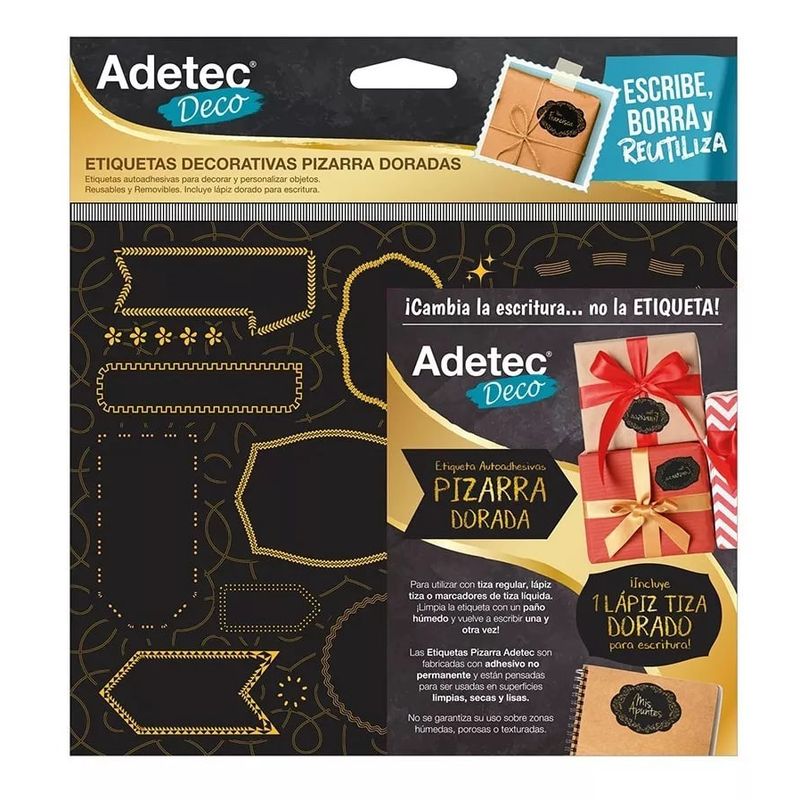ADETEC - Etiquetas Decorativas Negra Con Borde Dorado + Lápiz Tiza