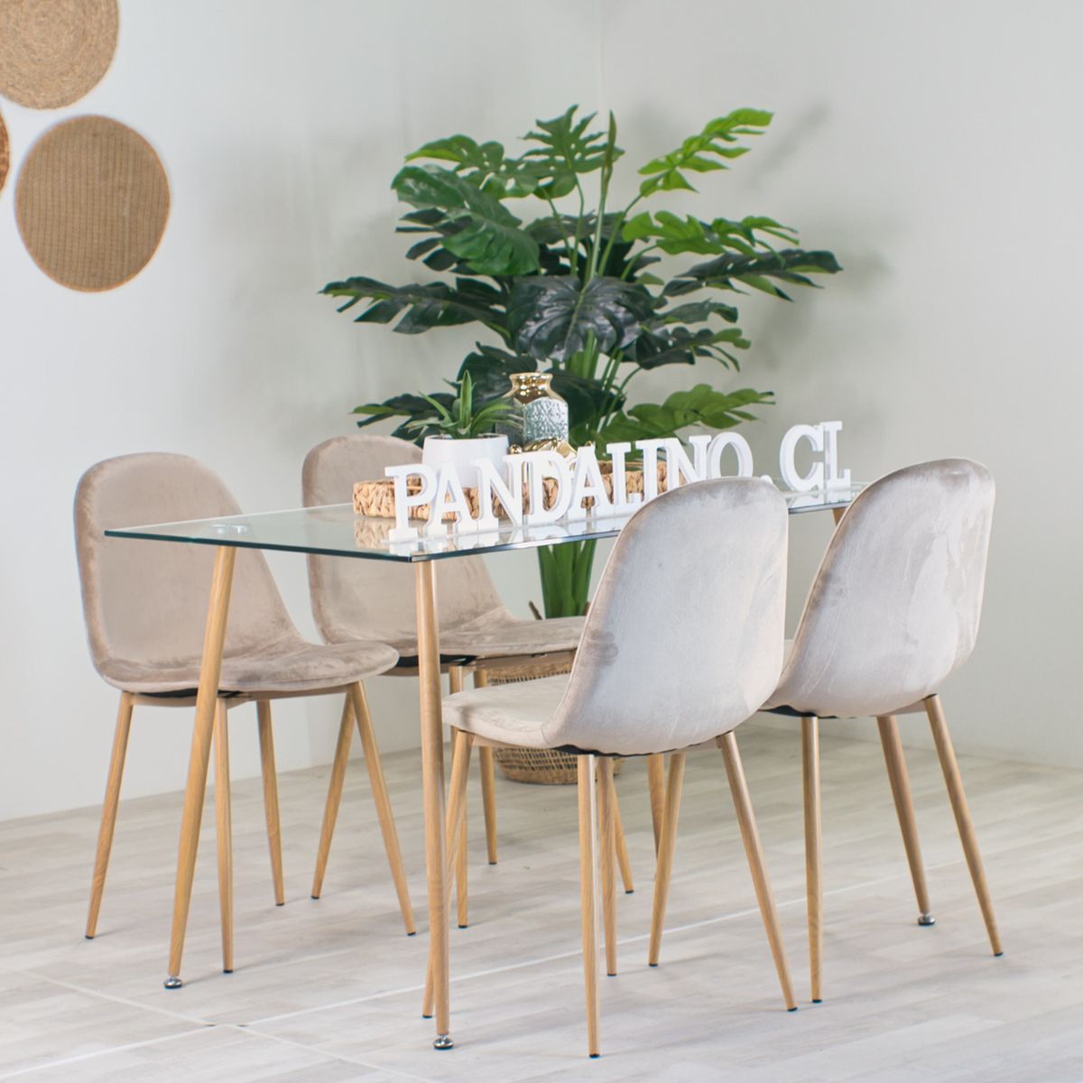 PANDALINO - Comedor Moderno Mesa Vitreo 120x80 + 4 Silla Isy Beige - Confort Total