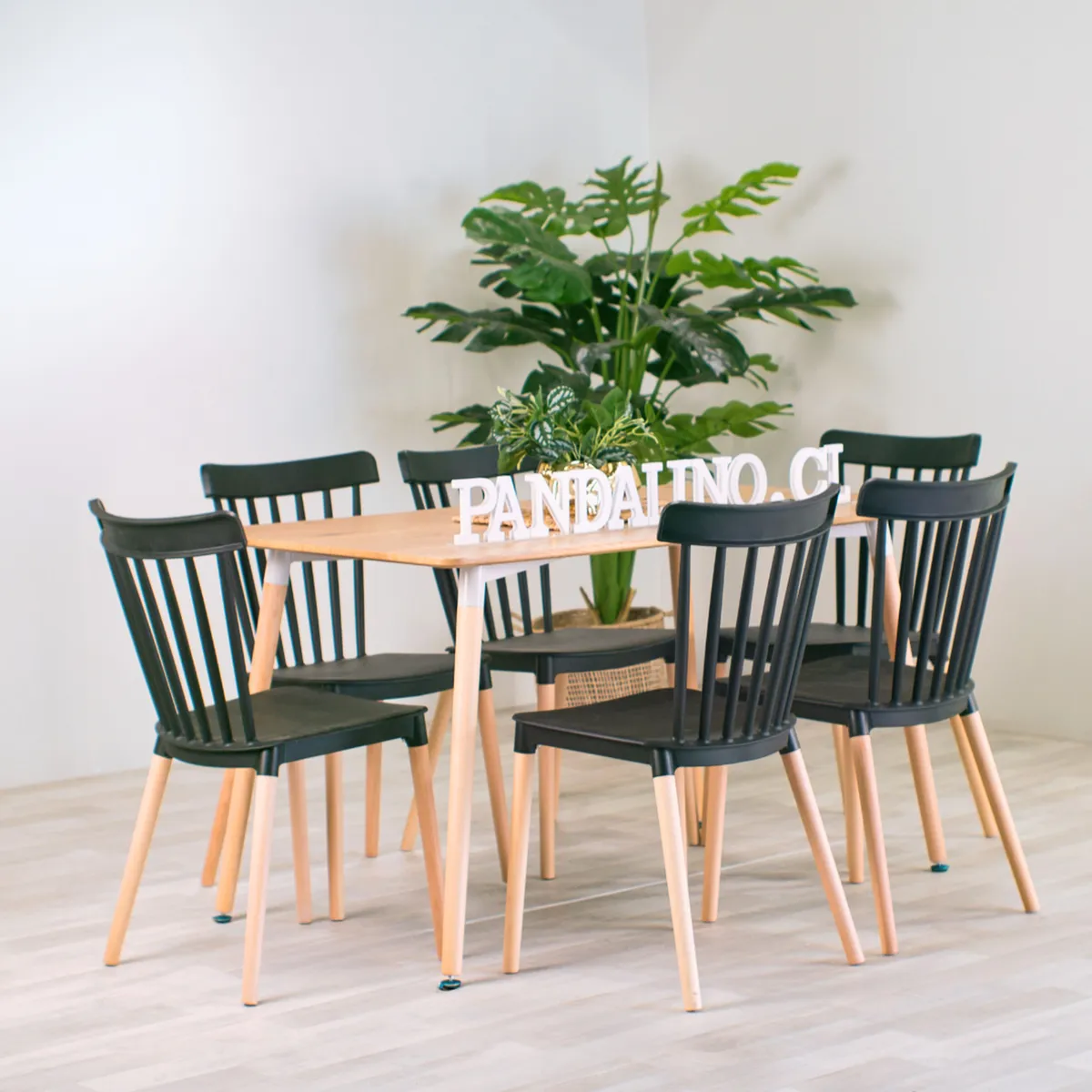 PANDALINO - Comedor Mesa Álamo + 6 Sillas Windsor Negras - Estilo Nórdico