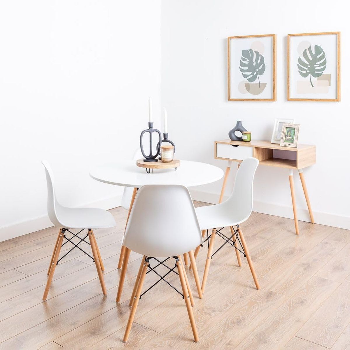 PANDALINO - Comedor Redondo Estela Blanca 80cm + 4 Sillas Eames Blanca - Funcional