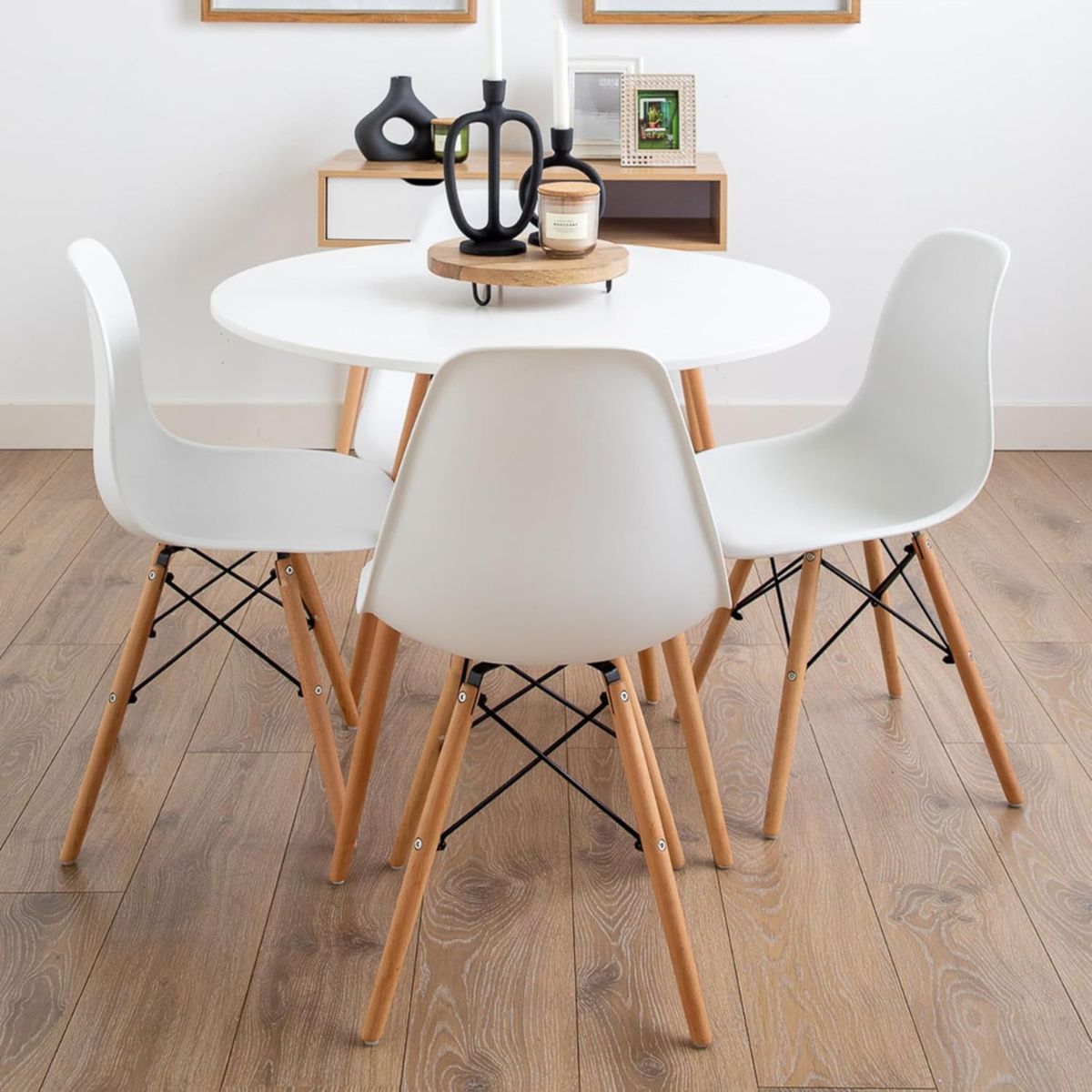 PANDALINO - Comedor Redondo Estela Blanca 80cm + 4 Sillas Eames Blanca - Funcional