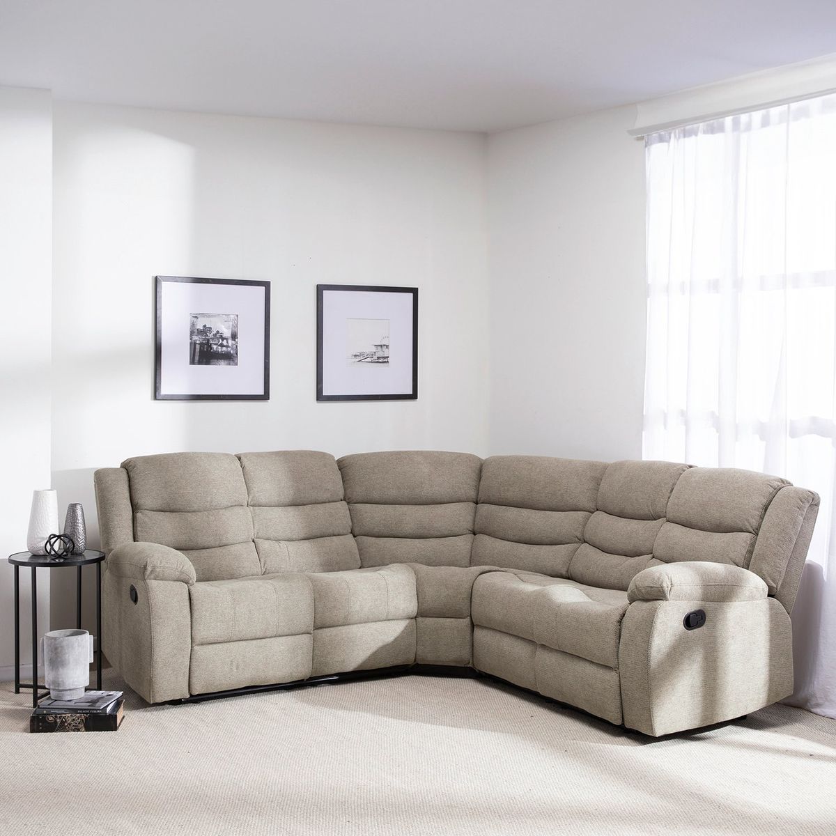 VYS SPA - Seccional Reclinable Curvo Beige + Posavasos de aluminio