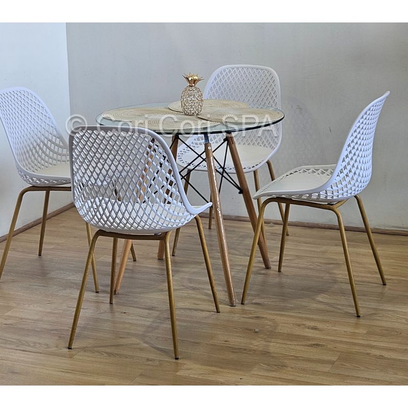 CORI CORI - Comedor Mesa Eames Vidrio 80 cm + 4 Sillas Panal Blancas
