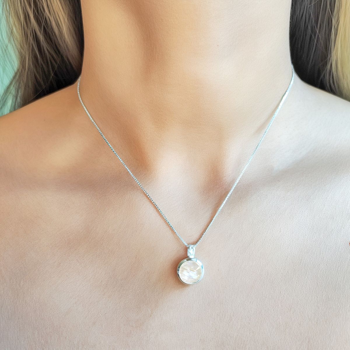 COGGIOLA - Collar Piedra Luna Redondo Veneciana Plata Fina 925