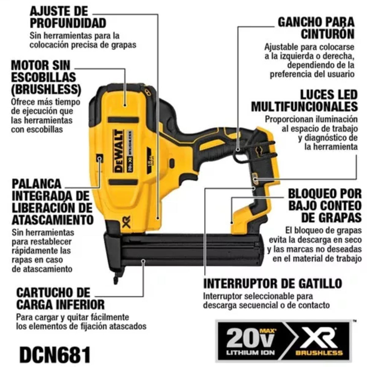 DEWALT - Engrapadora Dewalt 20v 13-38mm Calibre 18 Baretool Dcn681b
