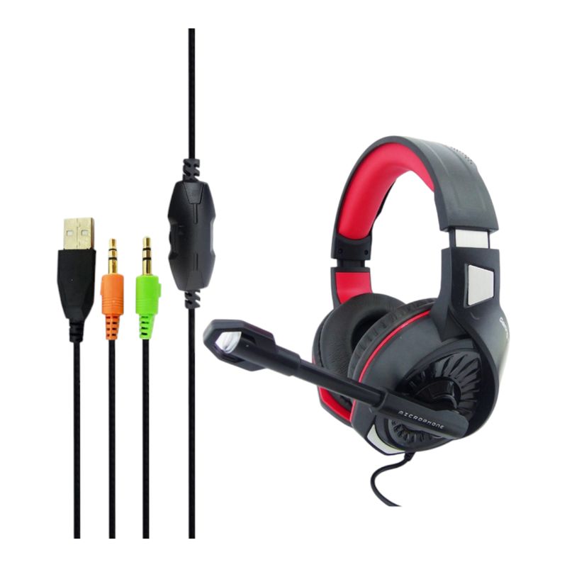 GENERICO - Audifono Para Gamer Con Microfono Con 2 Plug 3,5Mm Con Luz RGB rojo