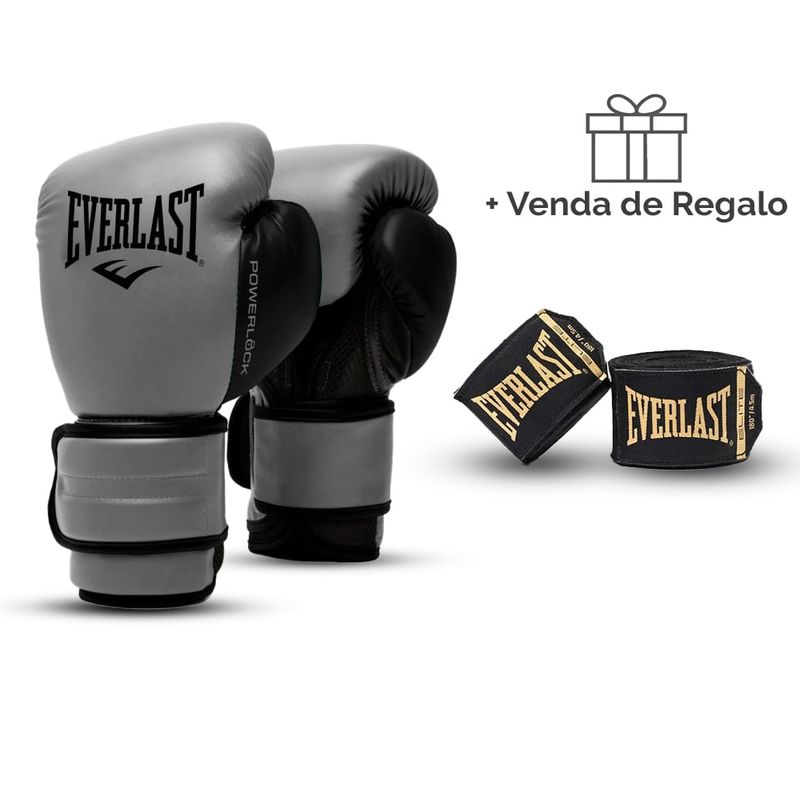 EVERLAST - Guante de Boxeo Everlast Powerlock Gris 16oz + Vendas