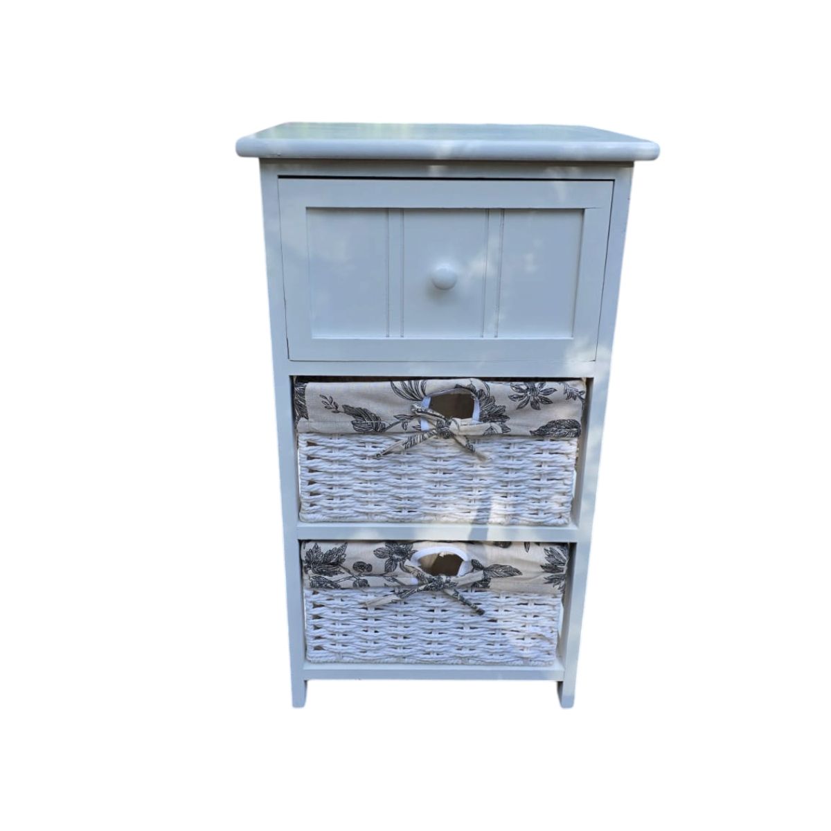 GENERICO - VELADOR MADERA BLANCO 1 CAJON 2 CANASTOS FORRADOS