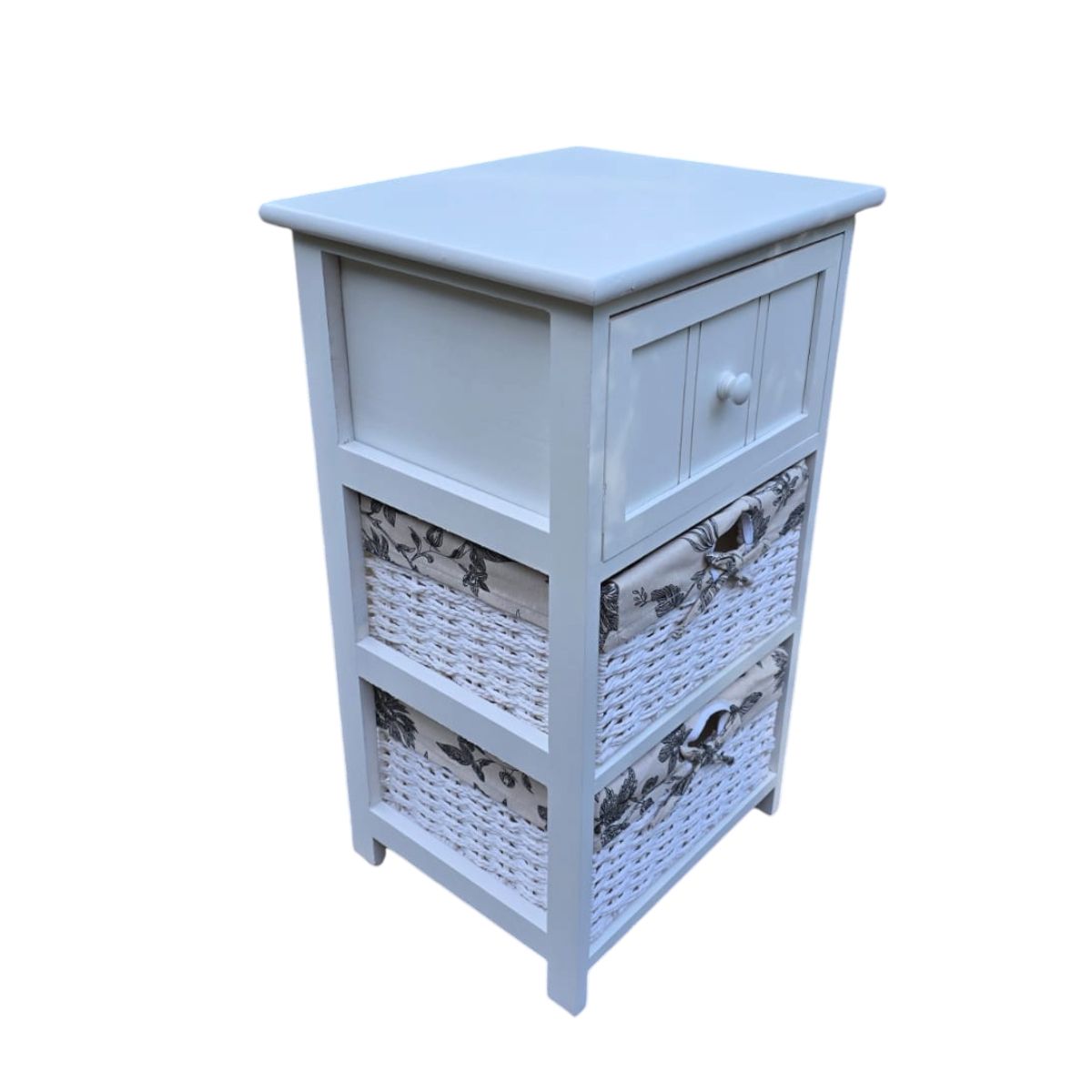 GENERICO - VELADOR MADERA BLANCO 1 CAJON 2 CANASTOS FORRADOS